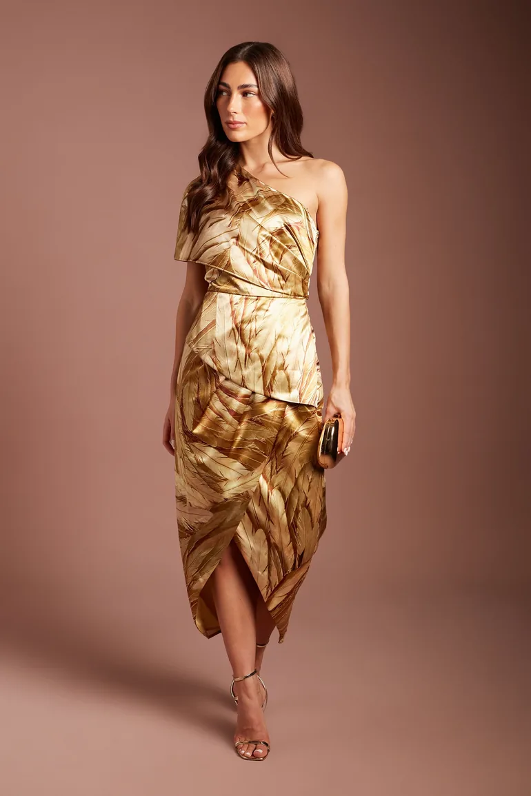 Feather Print One Shoulder Peplum Detail Midi Dress