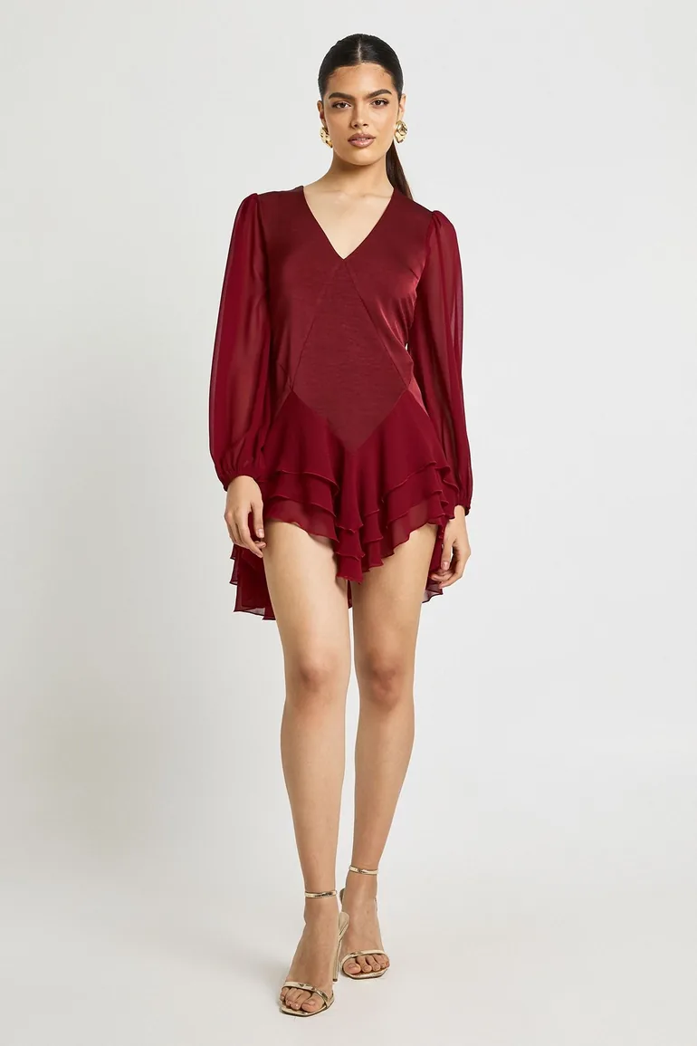 Chiffon Mix Panelled Smock Dress - merlot