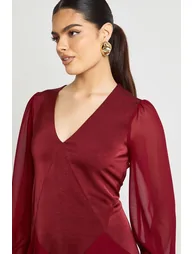 Chiffon Mix Panelled Smock Dress - merlot - 3