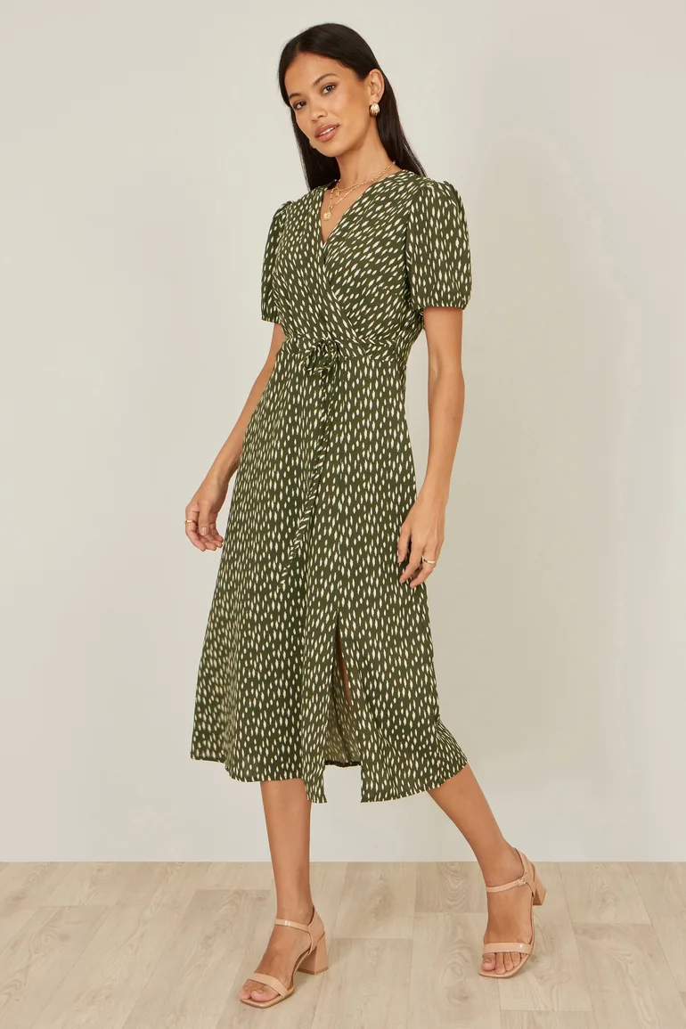 Yumi Green Spot Wrap Midi Tea Dress - 2
