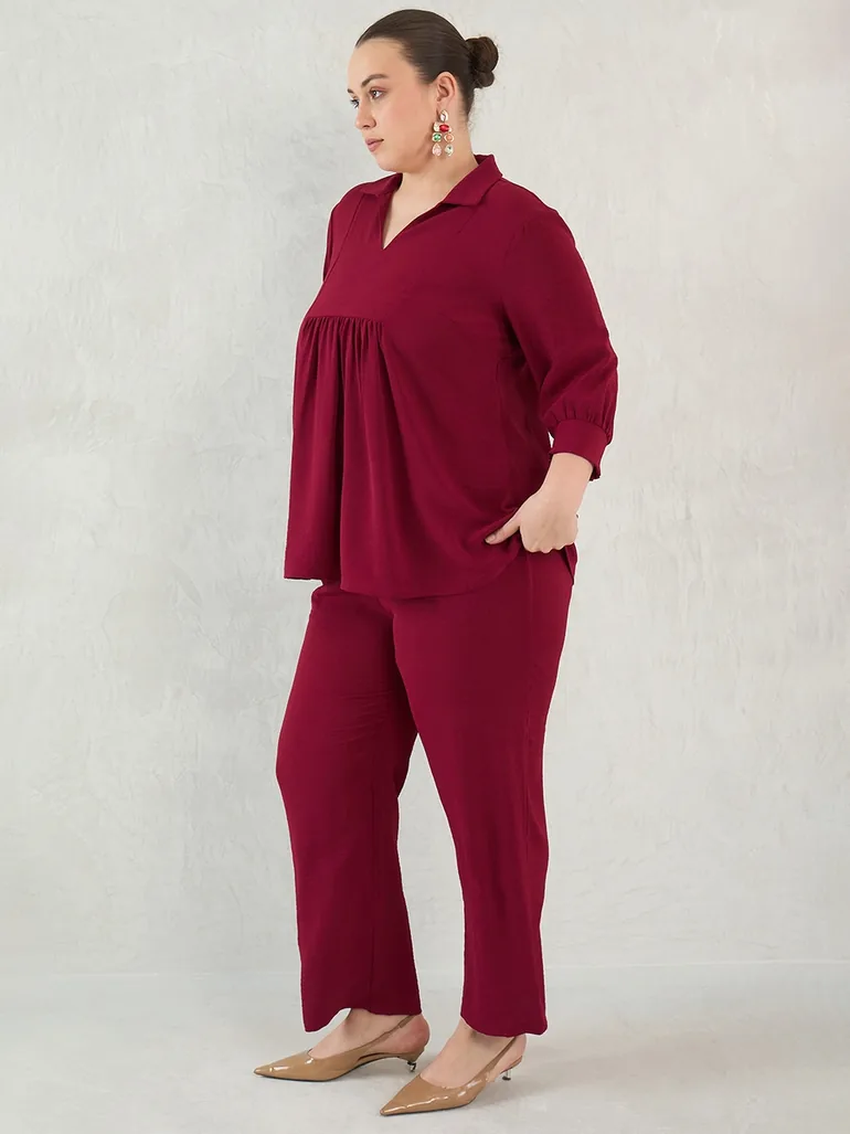 Plus Maroon Gather Detail Tunic and Pants Co-Ords - 3