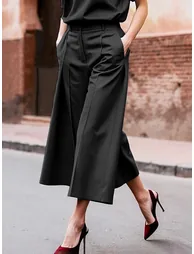 Loose Wide Leg Pockets Solid Color Ninth Pants Trousers - 1