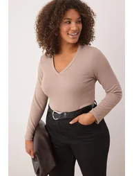 Mink Premium Soft Fabric V-Neck Fitted/Fits Body Flexible Knit Plus Size Blouse - 1