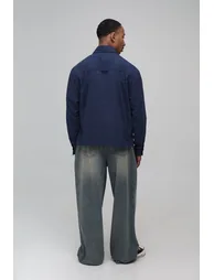 Oversized Boxy Double Pocket Embroidered Textured Shirt - navy - 2