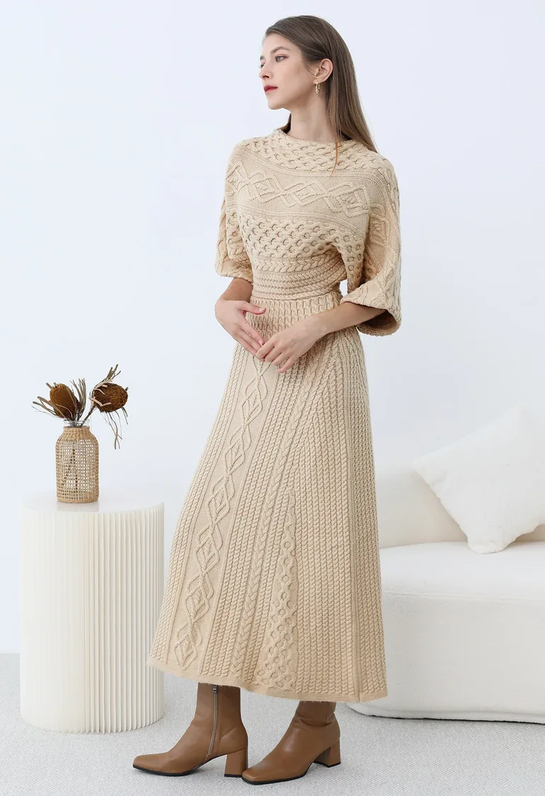 Artisanal Charm Boat Neck Cable Knit Dress - 4