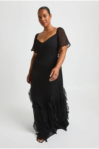Plus Chiffon Puff Sleeve Ruffle Maxi Dress - black