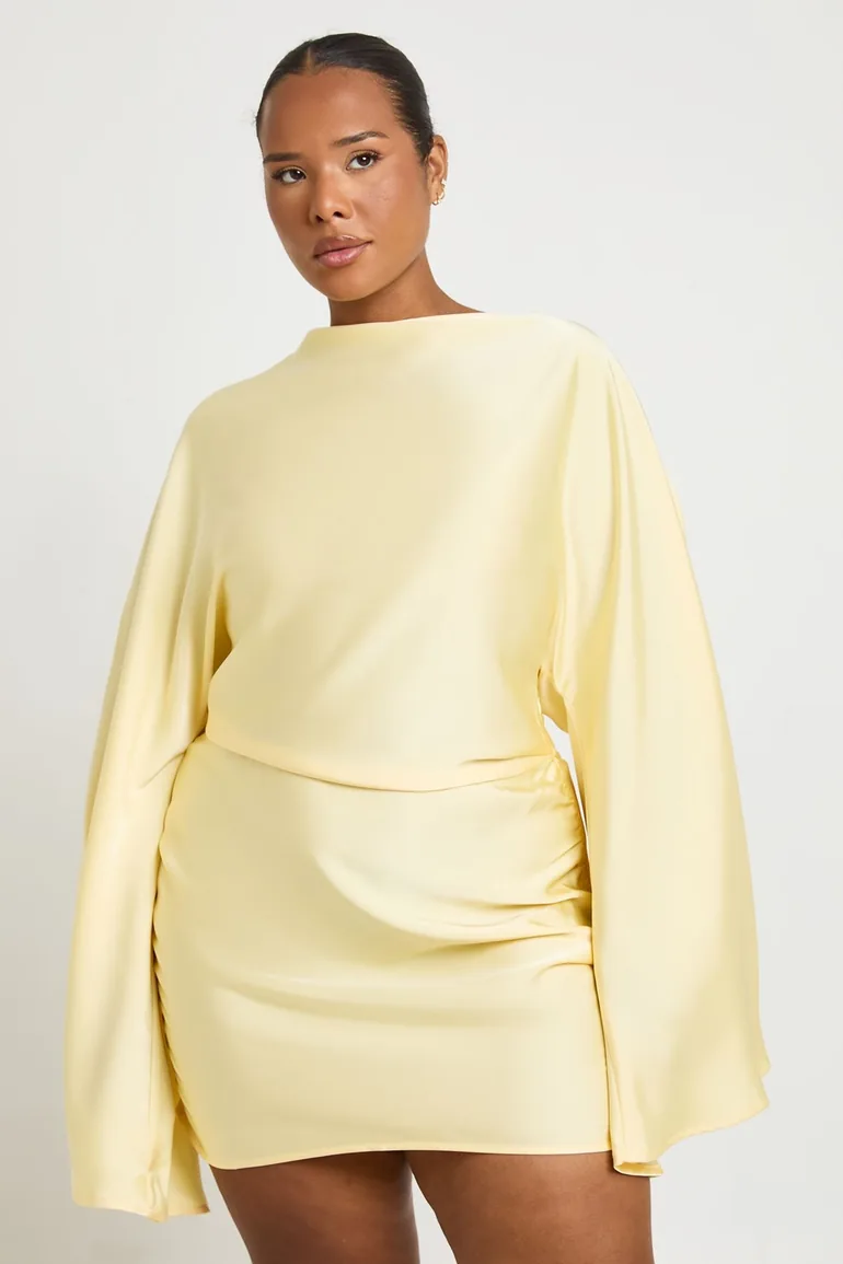 Plus Satin Ruched Shoulder Mini Dress - lemon