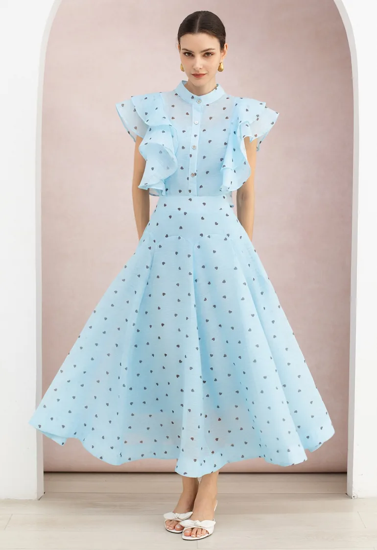 Heart Tiered Ruffle Buttoned Organza Top and Maxi Skirt Set in Light Blue for Afternoon Tea & Vacation - 3
