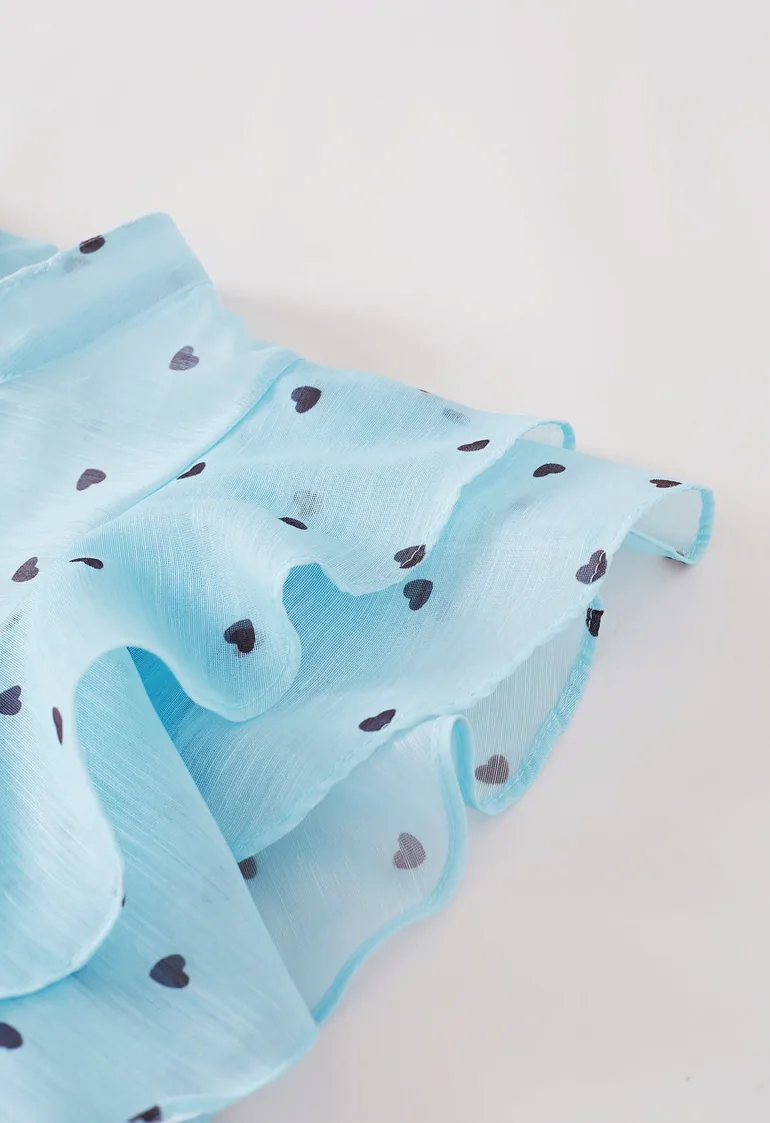 Heart Tiered Ruffle Buttoned Organza Top and Maxi Skirt Set in Light Blue for Afternoon Tea & Vacation - 8