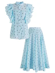 Heart Tiered Ruffle Buttoned Organza Top and Maxi Skirt Set in Light Blue for Afternoon Tea & Vacation - 6