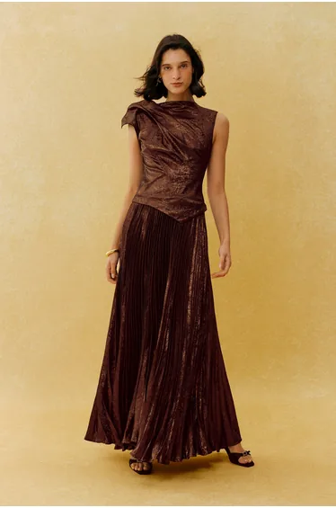 Cocktail Hour Brown Asymmetric Pleated Maxi Dress
