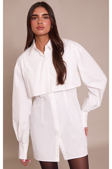 White Overlay Detail Long Sleeve Shirt Dress