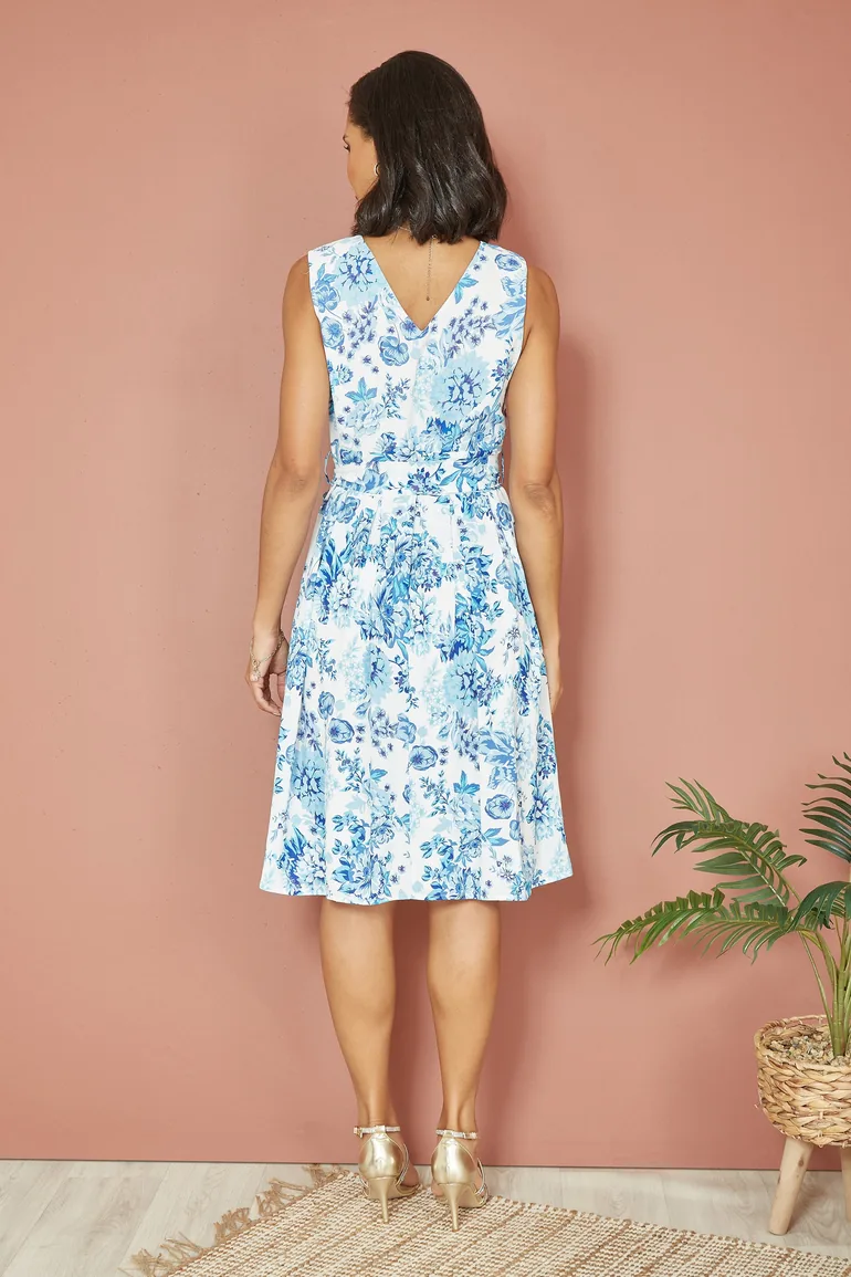 Yumi Blue Floral Wrap Over Skater Dress - 2