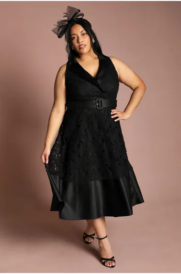 Plus Lace Sleeveless Satin Contrast Midi Skirt Dress