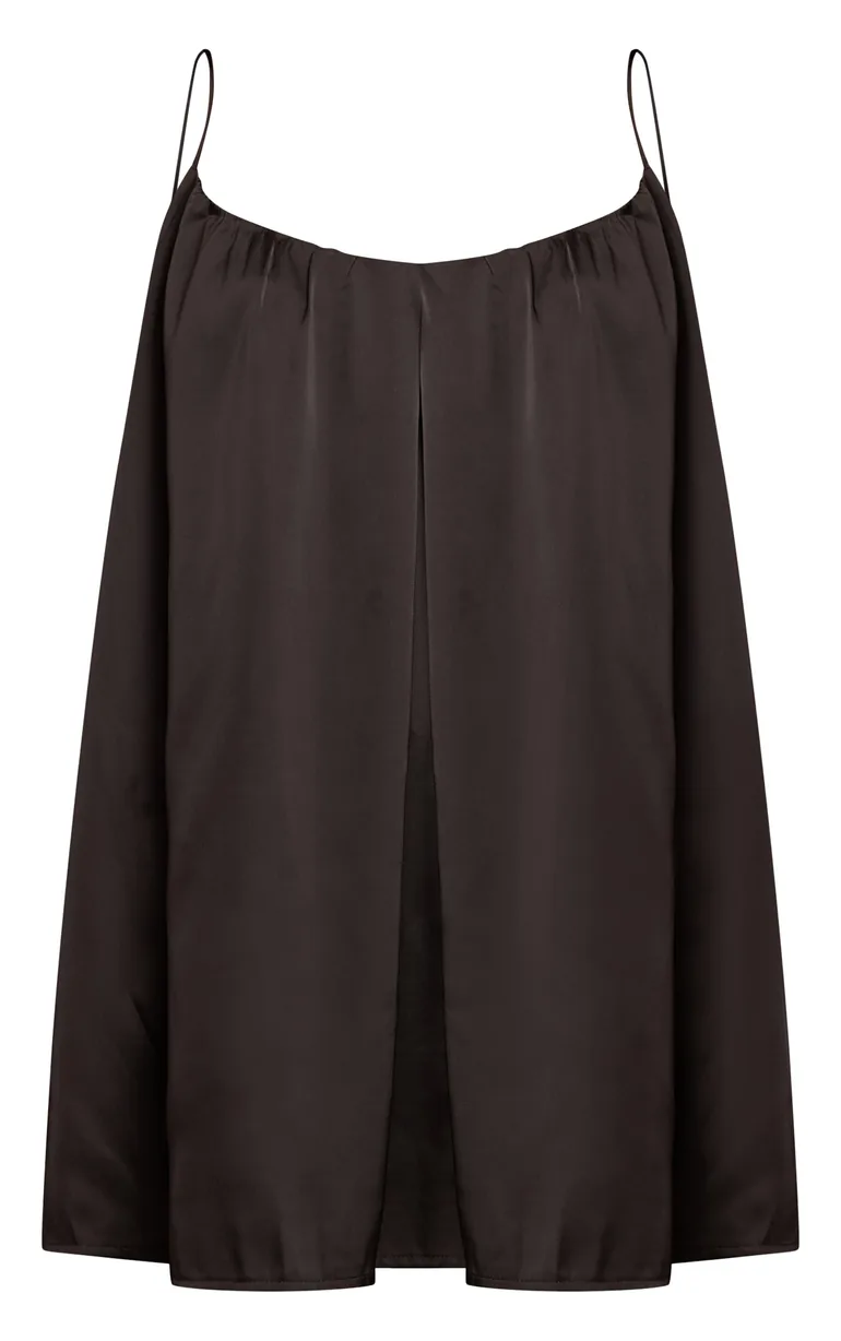 Black Satin Strappy Flowy Longline Cami Top - 4