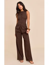 Dark Brown Tailored Woven Boatneck Waistcoat - 1
