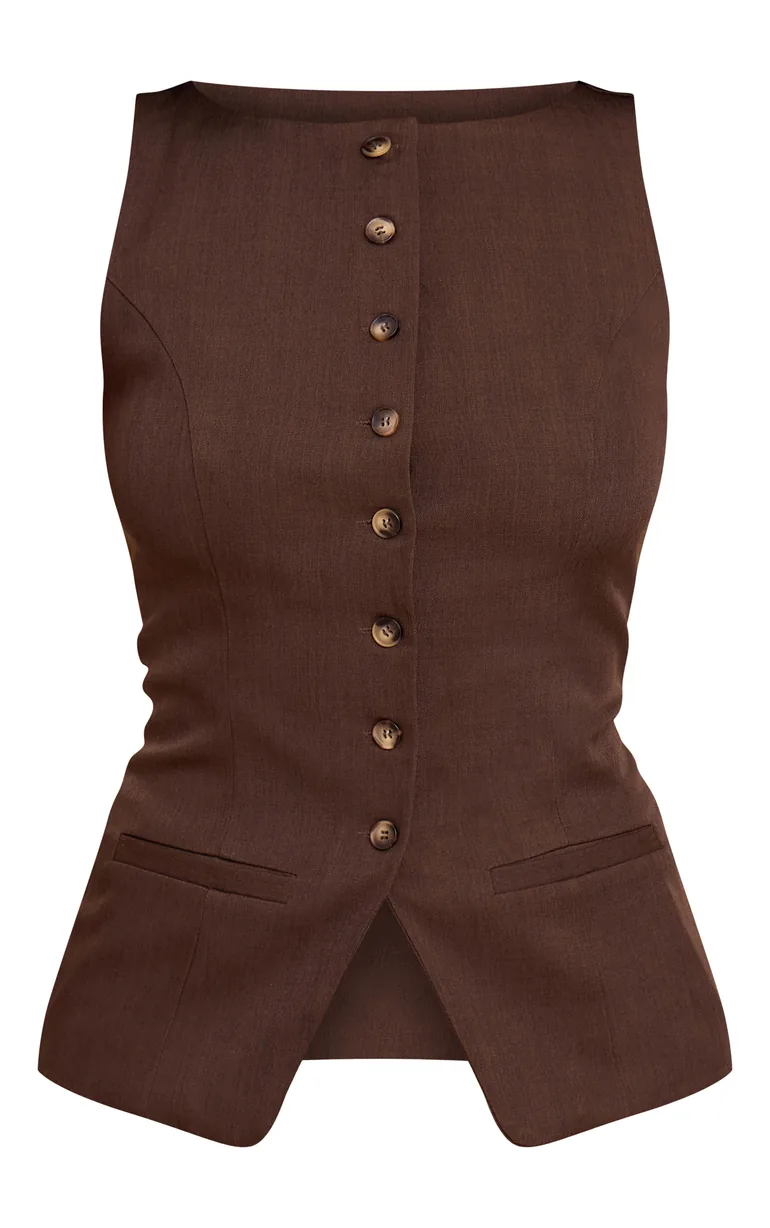 Dark Brown Tailored Woven Boatneck Waistcoat - 4