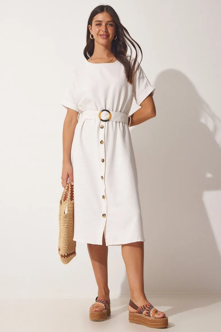 Women's Cream Viscose Linen Summer Dress With Belt