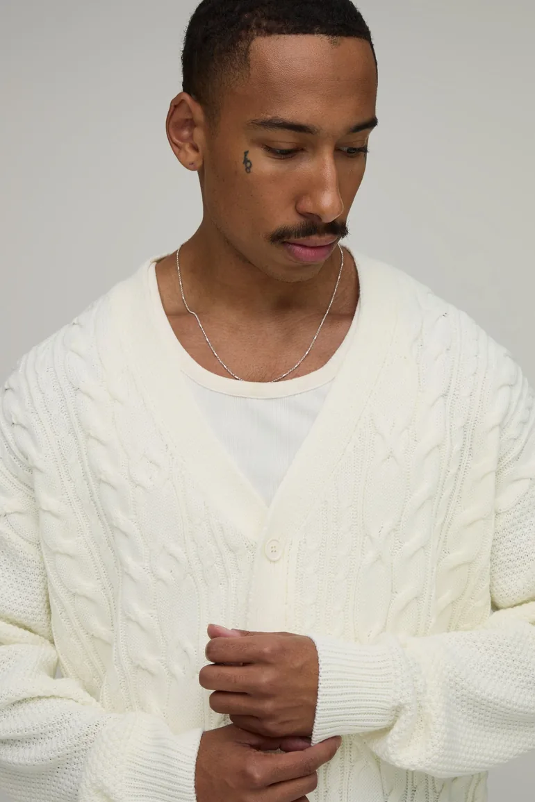 Relaxed Fit Cable Knit Knitted Cardigan - ecru - 2