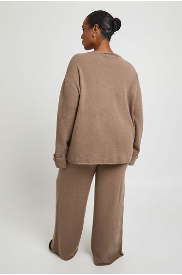 Plus V Neck Button Cuff Jumper and Wide Leg Trouser Co-Ord - taupe product thumbnail 2