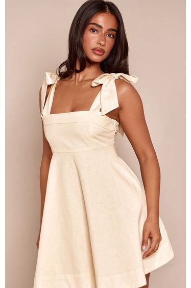 Petite Natural Tie Shoulder Foldover Flowy Linen Mini Dress product thumbnail 2