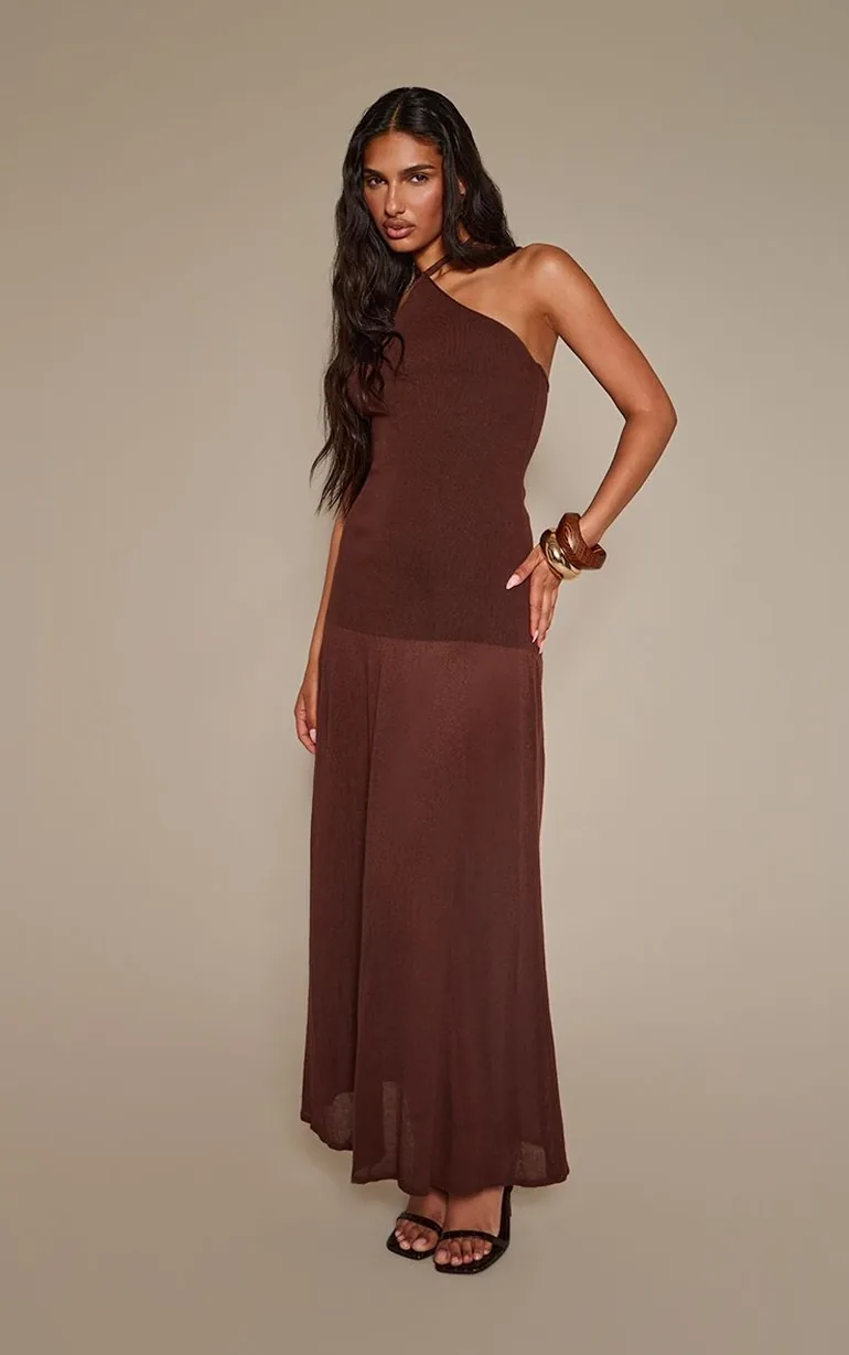 Chocolate Halterneck Dropped Waist Sheer Panel Knitted Maxi Dress