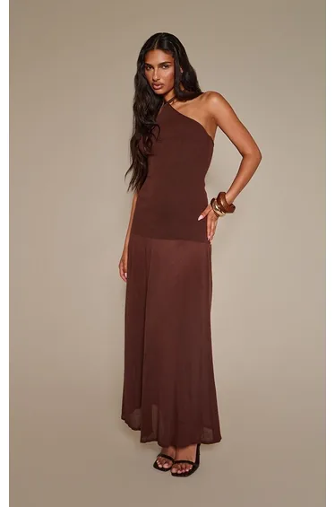 Chocolate Halterneck Dropped Waist Sheer Panel Knitted Maxi Dress
