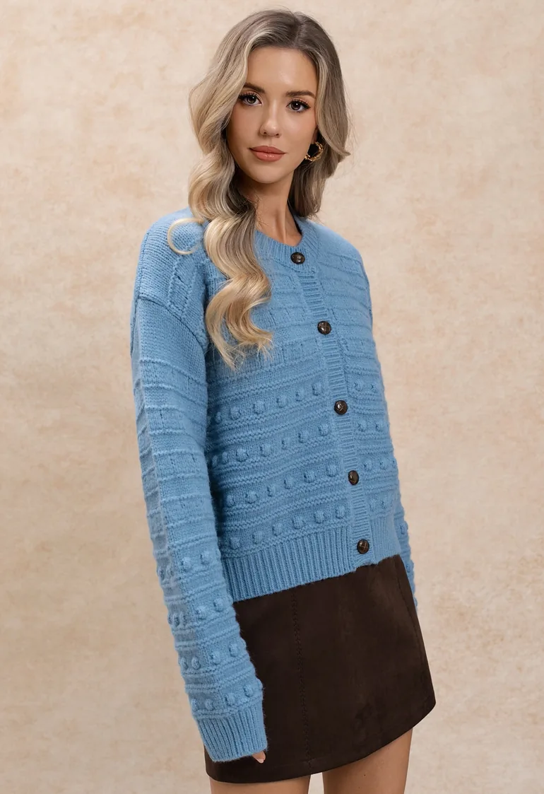 Textured Bobble-Knit Buttoned Cardigan in Blue - 1