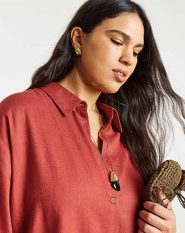Rust Linen Boxy Shirt - 1