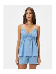 Pajama Top Thin Straps Frilly Embroidered - 2