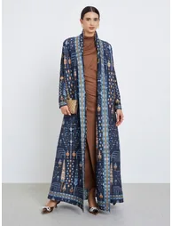All-Over Printed Textured Pleated Long Sleeve Abaya