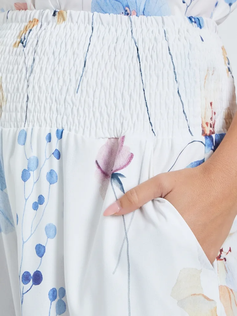 White Floral Print Wide Leg Trousers - 2