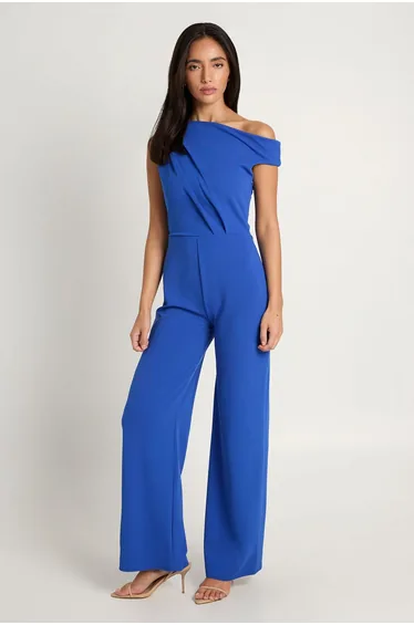 Crepe Drape Shoulder Wide Leg Jumpsuit - cobalt