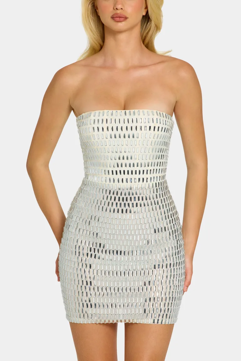 Embellished Bandeau Mini Dress in White - 5