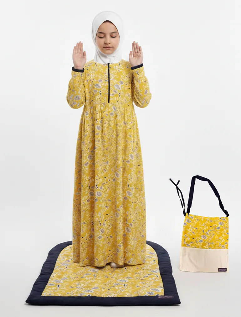 Girls Printed Prayer Dress with Mat and Bag Set - 4