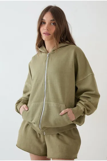 DSGN Studio Heavyweight Washed Oversized Zip Through Hoodie - washed khaki