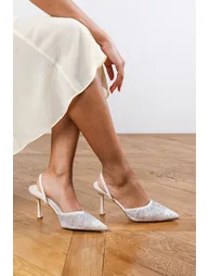 Annabelle Beige Mesh Court Heel With Diamante Detail