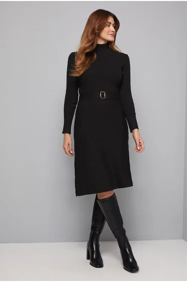 Rib Detail High Neck Belted Knitted Dress