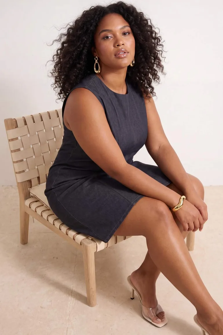 Navy Blue Gabardine Woven Large Size Dress - 4