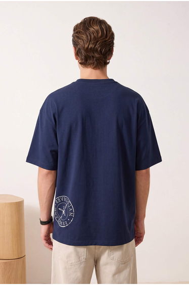 Navy Blue Oversized /Wide Cut Tropical Printed 100% Cotton T-Shirt product thumbnail 2