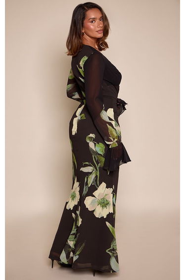 Shape Black Floral Print Flute Sleeve Deep Plunge Maxi Dress product thumbnail 2