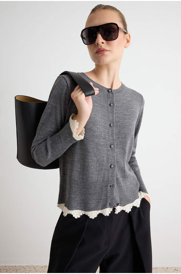 Anthracite Contrast Lace Detailed Knitwear Cardigan