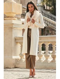 Cream Faux Fur Collar Longline Cardigan - 1