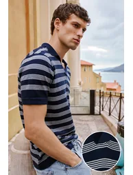 Navy Blue Regular Polo Neck Plain Polo Neck T-Shirt - 7