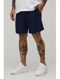 Relaxed Fit Mid Length Linen Blend Short - navy
