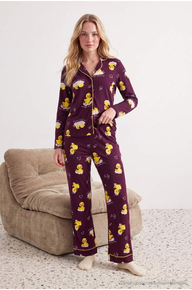 Teen Brown 100% Cotton Duck Patterned Ribbed Knitted Pajamas Set