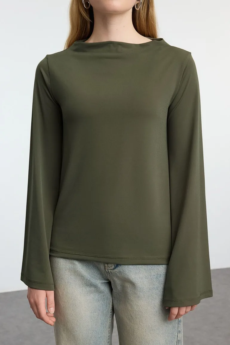Khaki Relaxed/Comfortable Fit Spanish Sleeve Stretchy Knitted Blouse - 2