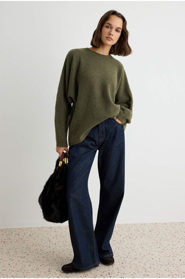Khaki Soft Textured Sleeve Functional Special Quality Knitwear Sweater