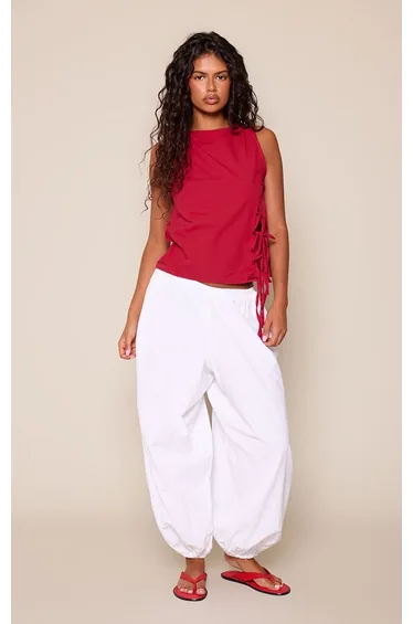 Red Cotton Poplin Tie Side Detail Long Top