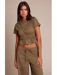 Dark Olive Cotton Ruched Detail Top - 5
